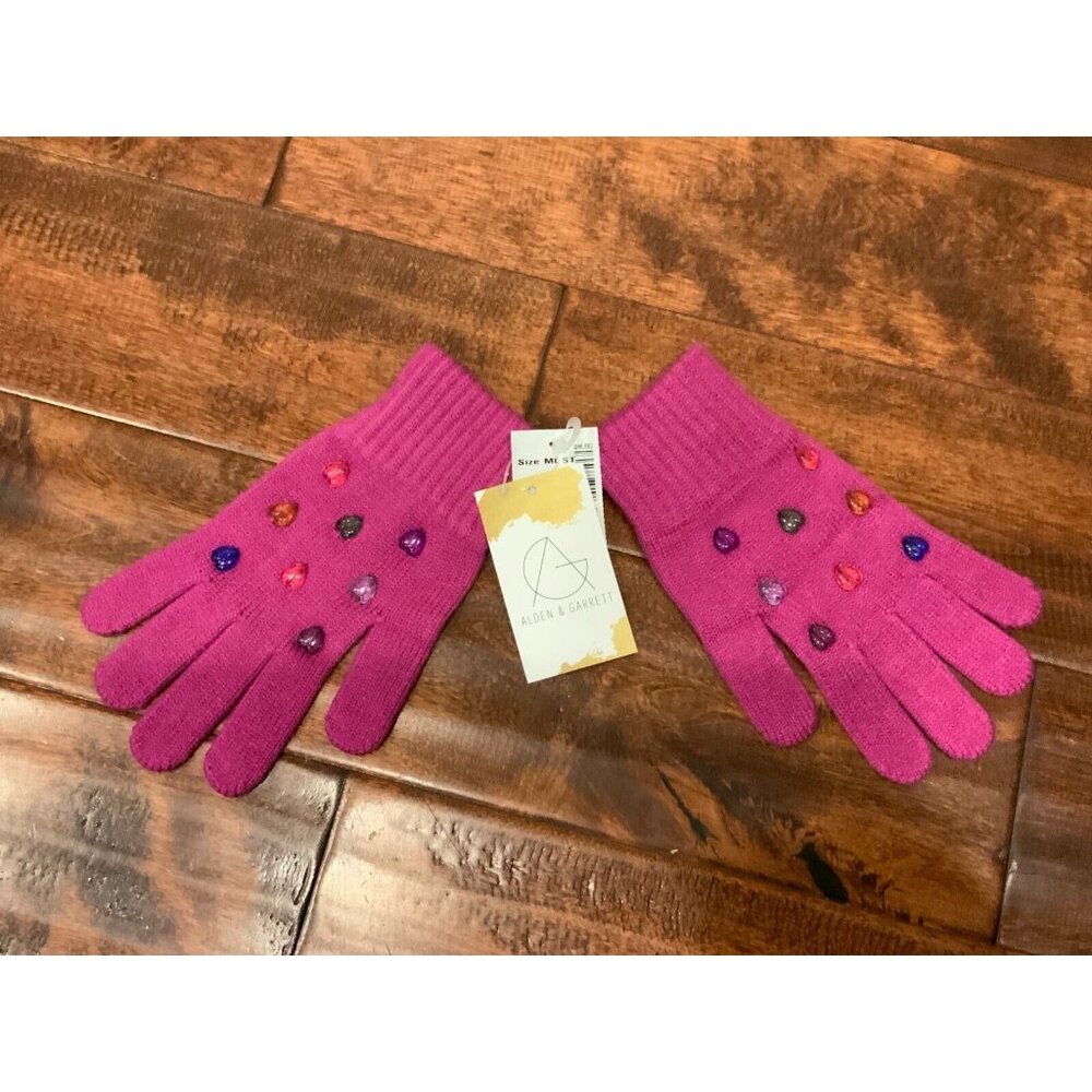 $125 Lele Sadoughi Women Dark Pink Knit Heart Crystal Gloves, One Size, New!